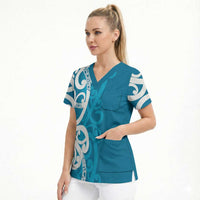 Azure Blue Maori Scrub Top Koru Kowhaiwhai LT7 - Polynesian Pride