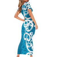 Azure Blue Maori Short Sleeve Bodycon Dress Koru Kowhaiwhai LT7 - Polynesian Pride