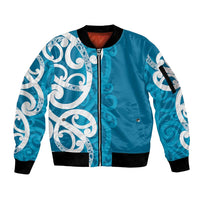 Azure Blue Maori Sleeve Zip Bomber Jacket Koru Kowhaiwhai LT7 Unisex Blue - Polynesian Pride