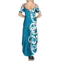 Azure Blue Maori Summer Maxi Dress Koru Kowhaiwhai LT7 - Polynesian Pride