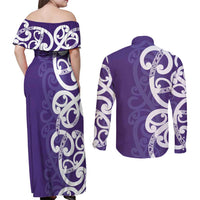 Violet Green Maori Couples Matching Off Shoulder Maxi Dress and Long Sleeve Button Shirt Koru Kowhaiwhai LT7 - Polynesian Pride