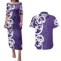 Violet Green Maori Couples Matching Puletasi and Hawaiian Shirt Koru Kowhaiwhai LT7 Violet - Polynesian Pride