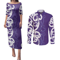 Violet Green Maori Couples Matching Puletasi and Long Sleeve Button Shirt Koru Kowhaiwhai LT7 Violet - Polynesian Pride