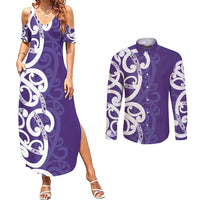 Violet Green Maori Couples Matching Summer Maxi Dress and Long Sleeve Button Shirt Koru Kowhaiwhai LT7 Violet - Polynesian Pride