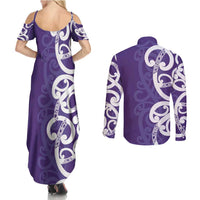 Violet Green Maori Couples Matching Summer Maxi Dress and Long Sleeve Button Shirt Koru Kowhaiwhai LT7 - Polynesian Pride