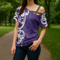 Violet Green Maori Cross Shoulder Shirt Koru Kowhaiwhai LT7 - Polynesian Pride