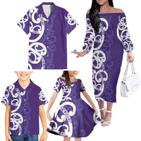 Violet Green Maori Family Matching Off The Shoulder Long Sleeve Dress and Hawaiian Shirt Koru Kowhaiwhai - Polynesian Pride