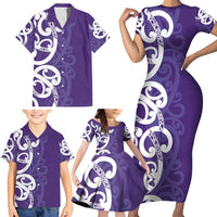Violet Green Maori Family Matching Short Sleeve Bodycon Dress and Hawaiian Shirt Koru Kowhaiwhai - Polynesian Pride