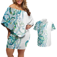 Paua Shell Maori Couples Matching Off Shoulder Short Dress and Hawaiian Shirt Koru Kowhaiwhai LT7 White - Polynesian Pride