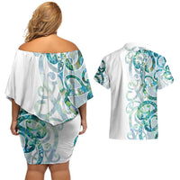 Paua Shell Maori Couples Matching Off Shoulder Short Dress and Hawaiian Shirt Koru Kowhaiwhai LT7 - Polynesian Pride