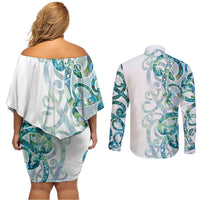 Paua Shell Maori Couples Matching Off Shoulder Short Dress and Long Sleeve Button Shirt Koru Kowhaiwhai LT7 - Polynesian Pride