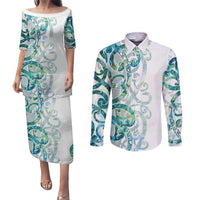Paua Shell Maori Couples Matching Puletasi and Long Sleeve Button Shirt Koru Kowhaiwhai LT7 White - Polynesian Pride