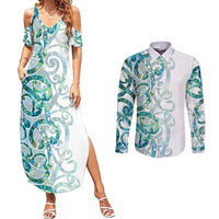 Paua Shell Maori Couples Matching Summer Maxi Dress and Long Sleeve Button Shirt Koru Kowhaiwhai LT7 White - Polynesian Pride