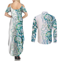 Paua Shell Maori Couples Matching Summer Maxi Dress and Long Sleeve Button Shirt Koru Kowhaiwhai LT7 - Polynesian Pride
