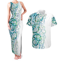 Paua Shell Maori Couples Matching Tank Maxi Dress and Hawaiian Shirt Koru Kowhaiwhai LT7 White - Polynesian Pride