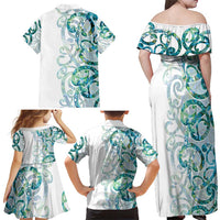 Paua Shell Maori Family Matching Off Shoulder Maxi Dress and Hawaiian Shirt Koru Kowhaiwhai - Polynesian Pride
