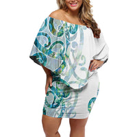 Paua Shell Maori Family Matching Off Shoulder Short Dress and Hawaiian Shirt Koru Kowhaiwhai - Polynesian Pride