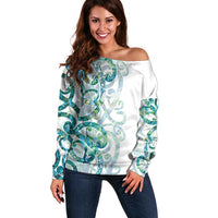Paua Shell Maori Off Shoulder Sweater Koru Kowhaiwhai LT7 Women White - Polynesian Pride