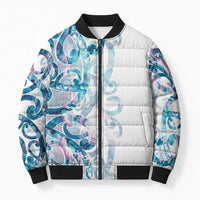 Turquoise Paua Shell Maori Bomber Puffer Jacket Koru Kowhaiwhai LT7 Unisex White - Polynesian Pride