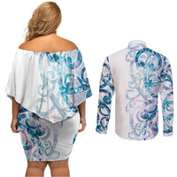 Turquoise Paua Shell Maori Couples Matching Off Shoulder Short Dress and Long Sleeve Button Shirt Koru Kowhaiwhai LT7 - Polynesian Pride