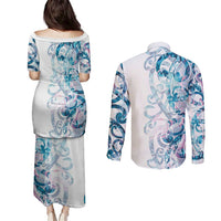 Turquoise Paua Shell Maori Couples Matching Puletasi and Long Sleeve Button Shirt Koru Kowhaiwhai LT7 - Polynesian Pride