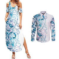 Turquoise Paua Shell Maori Couples Matching Summer Maxi Dress and Long Sleeve Button Shirt Koru Kowhaiwhai LT7 White - Polynesian Pride