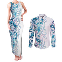 Turquoise Paua Shell Maori Couples Matching Tank Maxi Dress and Long Sleeve Button Shirt Koru Kowhaiwhai - Polynesian Pride