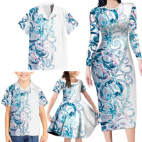 Turquoise Paua Shell Maori Family Matching Long Sleeve Bodycon Dress and Hawaiian Shirt Koru Kowhaiwhai - Polynesian Pride