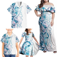 Turquoise Paua Shell Maori Family Matching Off Shoulder Maxi Dress and Hawaiian Shirt Koru Kowhaiwhai - Polynesian Pride