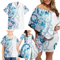 Turquoise Paua Shell Maori Family Matching Off Shoulder Short Dress and Hawaiian Shirt Koru Kowhaiwhai - Polynesian Pride