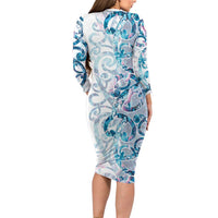 Turquoise Paua Shell Maori Long Sleeve Bodycon Dress Koru Kowhaiwhai - Polynesian Pride