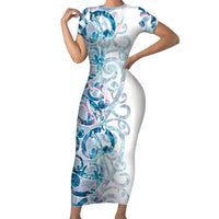 Turquoise Paua Shell Maori Short Sleeve Bodycon Dress Koru Kowhaiwhai LT7 Long Dress White - Polynesian Pride