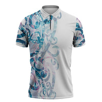 Turquoise Paua Shell Maori Zipper Polo Shirt Koru Kowhaiwhai LT7 White - Polynesian Pride