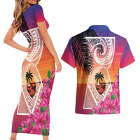 Guam Chamorro Couples Matching Short Sleeve Bodycon Dress and Hawaiian Shirt Artsy Latte Stone