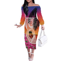 Guam Chamorro Family Matching Off The Shoulder Long Sleeve Dress and Hawaiian Shirt Artsy Latte Stone