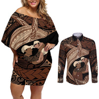 Father's Day Polynesian Pattern Couples Matching Off Shoulder Short Dress and Long Sleeve Button Shirt Tropical Humpback Whale LT7 Brown - Polynesian Pride