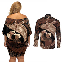 Father's Day Polynesian Pattern Couples Matching Off Shoulder Short Dress and Long Sleeve Button Shirt Tropical Humpback Whale LT7 - Polynesian Pride