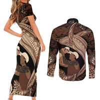 Father's Day Polynesian Pattern Couples Matching Short Sleeve Bodycon Dress and Long Sleeve Button Shirt Tropical Humpback Whale LT7 - Polynesian Pride