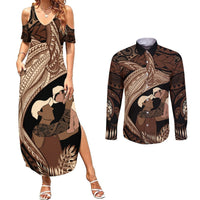 Father's Day Polynesian Pattern Couples Matching Summer Maxi Dress and Long Sleeve Button Shirt Tropical Humpback Whale LT7 Brown - Polynesian Pride