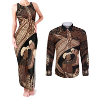 Father's Day Polynesian Pattern Couples Matching Tank Maxi Dress and Long Sleeve Button Shirt Tropical Humpback Whale LT7 Brown - Polynesian Pride