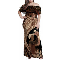 Father's Day Polynesian Pattern Family Matching Off Shoulder Maxi Dress and Hawaiian Shirt Tropical Humpback Whale LT7 Mom's Dress Brown - Polynesian Pride