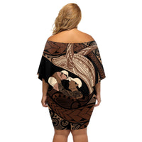 Father's Day Polynesian Pattern Off Shoulder Short Dress Tropical Humpback Whale LT7 - Polynesian Pride