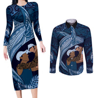 Father's Day Polynesian Pattern Couples Matching Long Sleeve Bodycon Dress and Long Sleeve Button Shirt Tropical Humpback Whale - Navy LT7 Navy Blue - Polynesian Pride