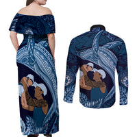 Father's Day Polynesian Pattern Couples Matching Off Shoulder Maxi Dress and Long Sleeve Button Shirt Tropical Humpback Whale - Navy LT7 - Polynesian Pride