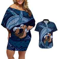 Father's Day Polynesian Pattern Couples Matching Off Shoulder Short Dress and Hawaiian Shirt Tropical Humpback Whale - Navy LT7 Navy Blue - Polynesian Pride