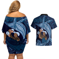 Father's Day Polynesian Pattern Couples Matching Off Shoulder Short Dress and Hawaiian Shirt Tropical Humpback Whale - Navy LT7 - Polynesian Pride