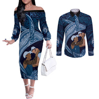 Father's Day Polynesian Pattern Couples Matching Off The Shoulder Long Sleeve Dress and Long Sleeve Button Shirt Tropical Humpback Whale - Navy LT7 Navy Blue - Polynesian Pride