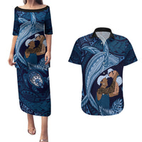 Father's Day Polynesian Pattern Couples Matching Puletasi and Hawaiian Shirt Tropical Humpback Whale - Navy LT7 Navy Blue - Polynesian Pride