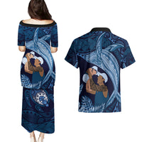 Father's Day Polynesian Pattern Couples Matching Puletasi and Hawaiian Shirt Tropical Humpback Whale - Navy LT7 - Polynesian Pride