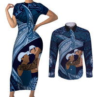 Father's Day Polynesian Pattern Couples Matching Short Sleeve Bodycon Dress and Long Sleeve Button Shirt Tropical Humpback Whale - Navy LT7 Navy Blue - Polynesian Pride